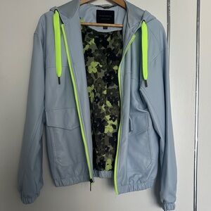 Sanctuary Light Blue Bomber Jacket with Neon Accents, Size S